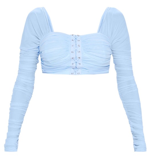 PLT- Light Blue Ruched Lace Up Detail Mesh Crop Top - Picture 2 of 8